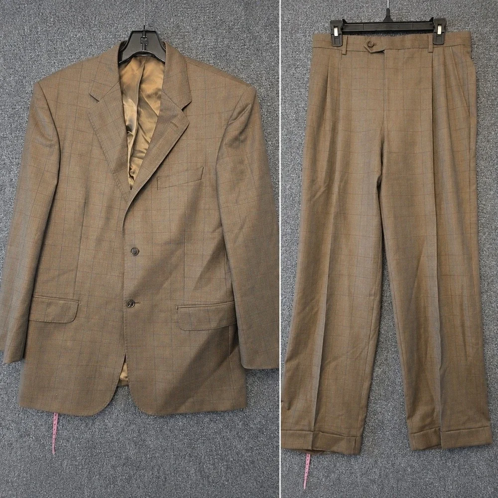 Pronto Uomo Suit Mens 40 34x29 Brown Wool Check 2 Piece Jacket Pants Formal